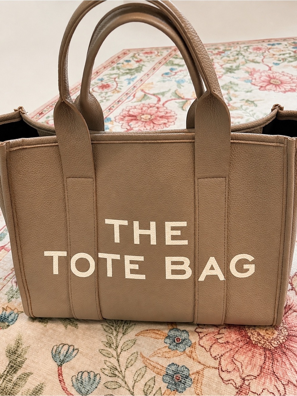 Neutral Taupe Structured Tote Bag with Bold White Lettering